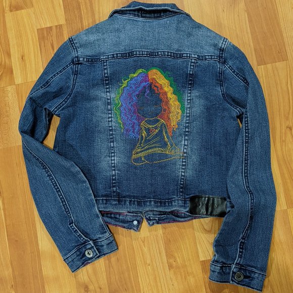 DKNY denim jacket with Rainbow Haired girl Embroidery - Picture 3 of 8
